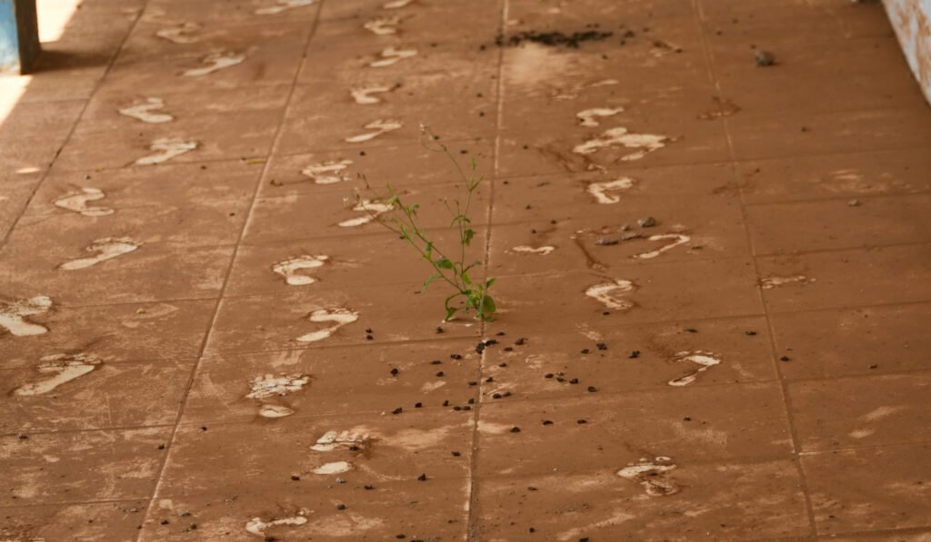 Lantai di koridor Laboratorium SMP Negeri 3 Pajukukang berwarna coklat akibat debu dari aktivitas operasional Huadi Grup/Arya Nur Prianugraha untuk Bollo.id.