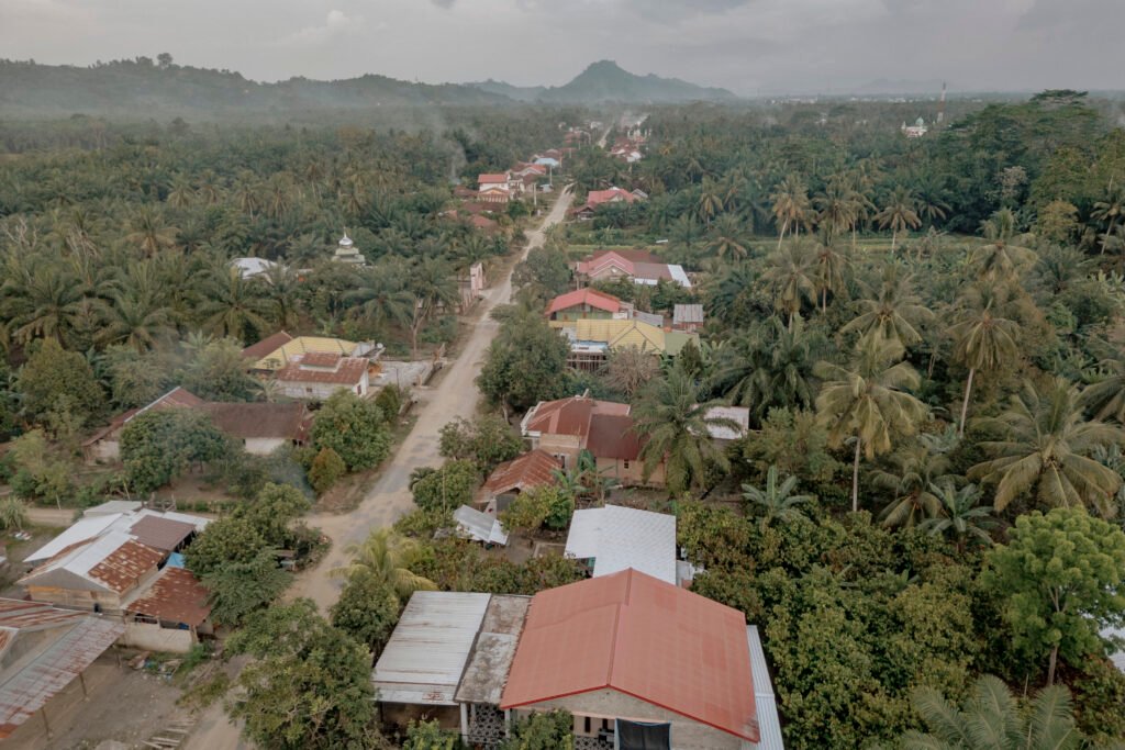 Pemukiman warga transmigran dikelilingi perkebunan sawit yang berada di Daerah Topoyo, SulawesiBarat. Topoyo, pusat utama Kabupaten Mamuju Tengah. Kampung ini dulunya bersisihan dengan hutan lebat. Namun, perlahan pembukaan hutan yang massif kemudian, membawa program Transmigrasi. Foto: Iqbal Lubis/Bollo.id