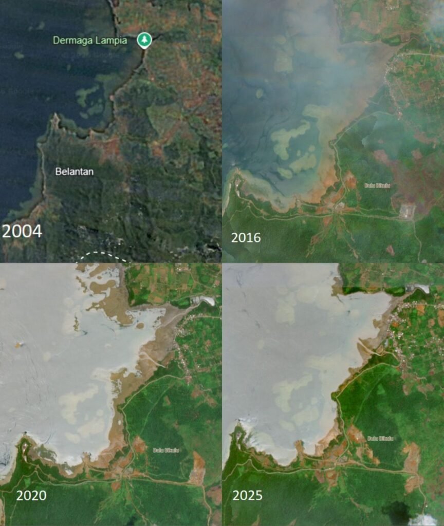 Hasil citra satelit Pesisir Malili menunjukkan perubahan dari tahun 2004, 2016, 2020 dan 2025. Foto: Sentinel 2 - Copernicus
