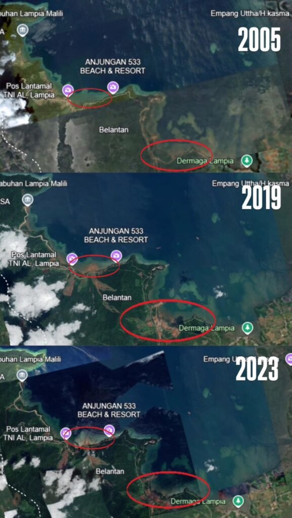 Hasil citra satelit menujukkan kondisi perubahan sedimen di Pesisir Malili pada tahun 2005, 2019 dan 2023. Foto: Google Earth